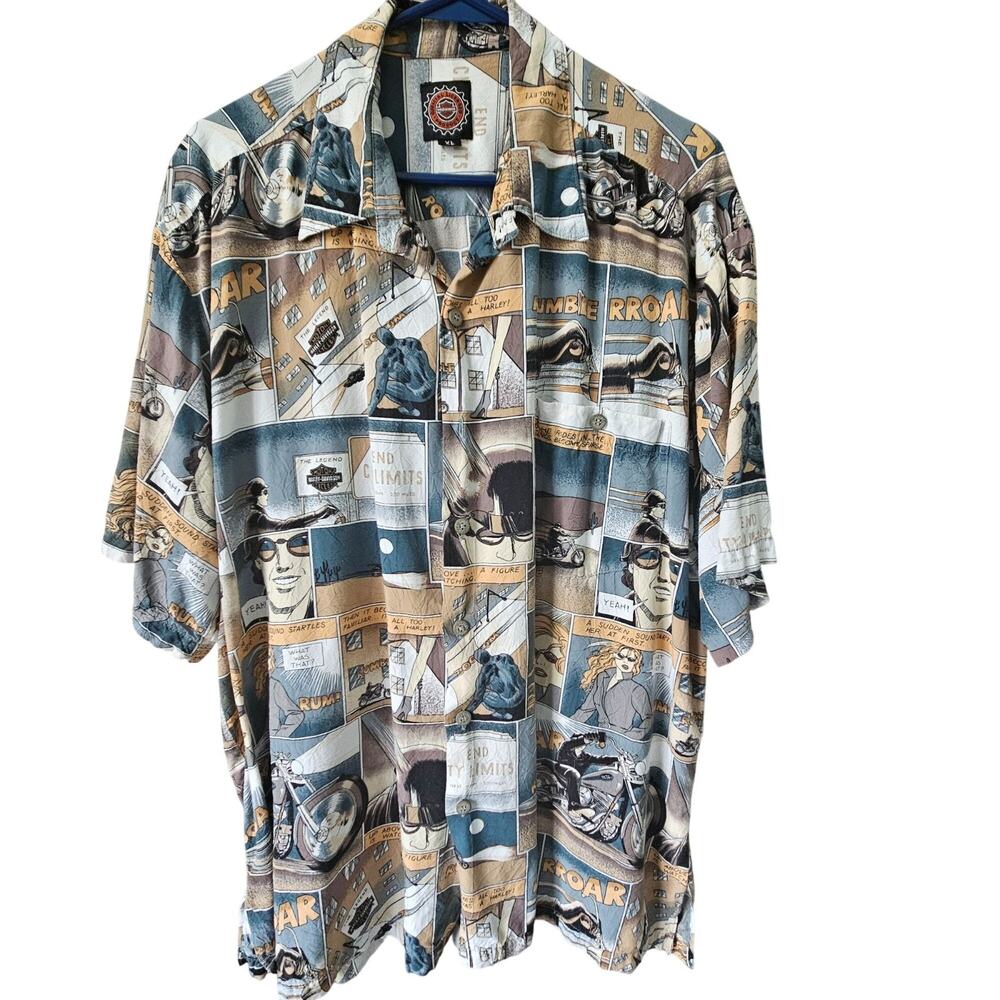 Harley-Davidson Mens Size XL Hawaiian Shirt Motorcycle Comic Print Tory Richard‎